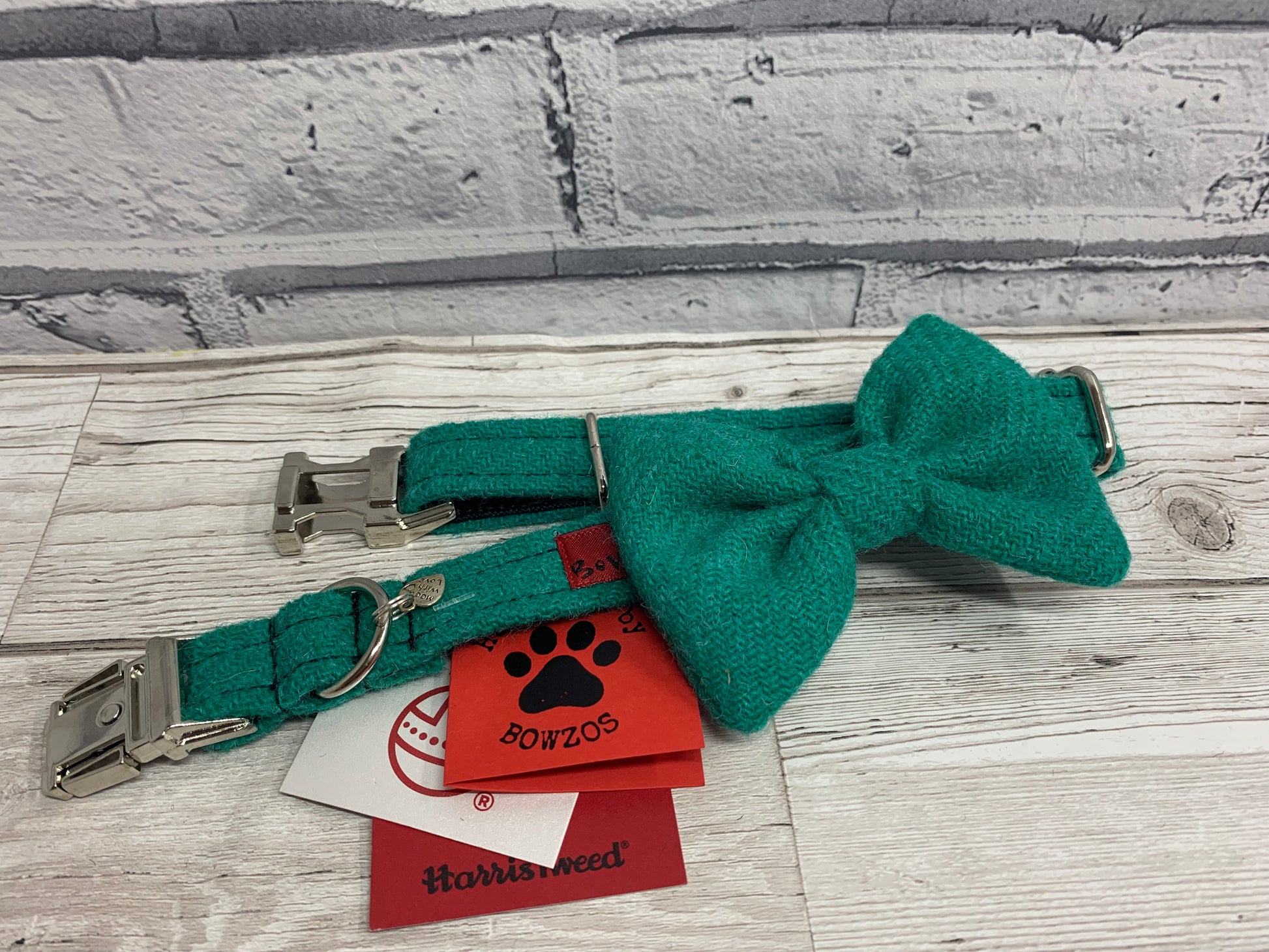 (Dalmahoy) Harris Tweed Bow Tie Dog Collar - Jade Green - BOWZOS