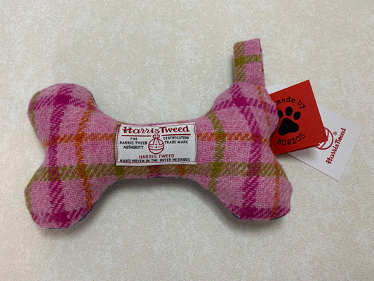 (Isla) Bowzos Harris Tweed Squeaky Bone Toy - Baby Pink - BOWZOS