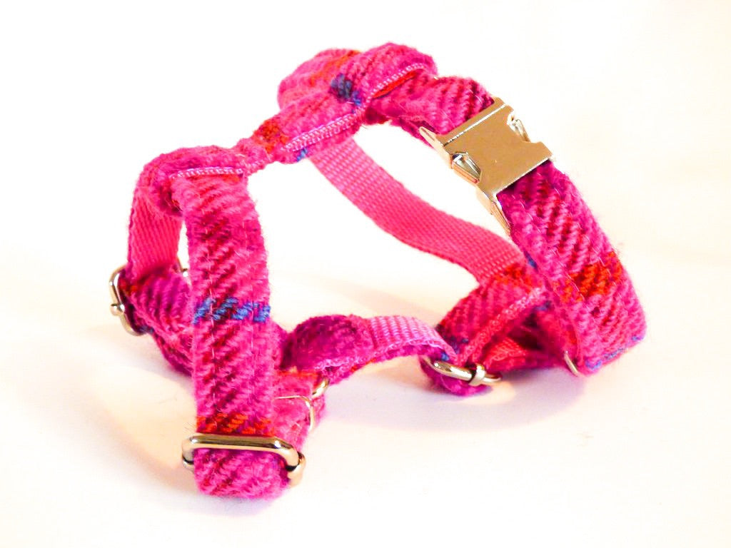 (Iona) Harris Tweed Harness - Cerise Pink Check - BOWZOS