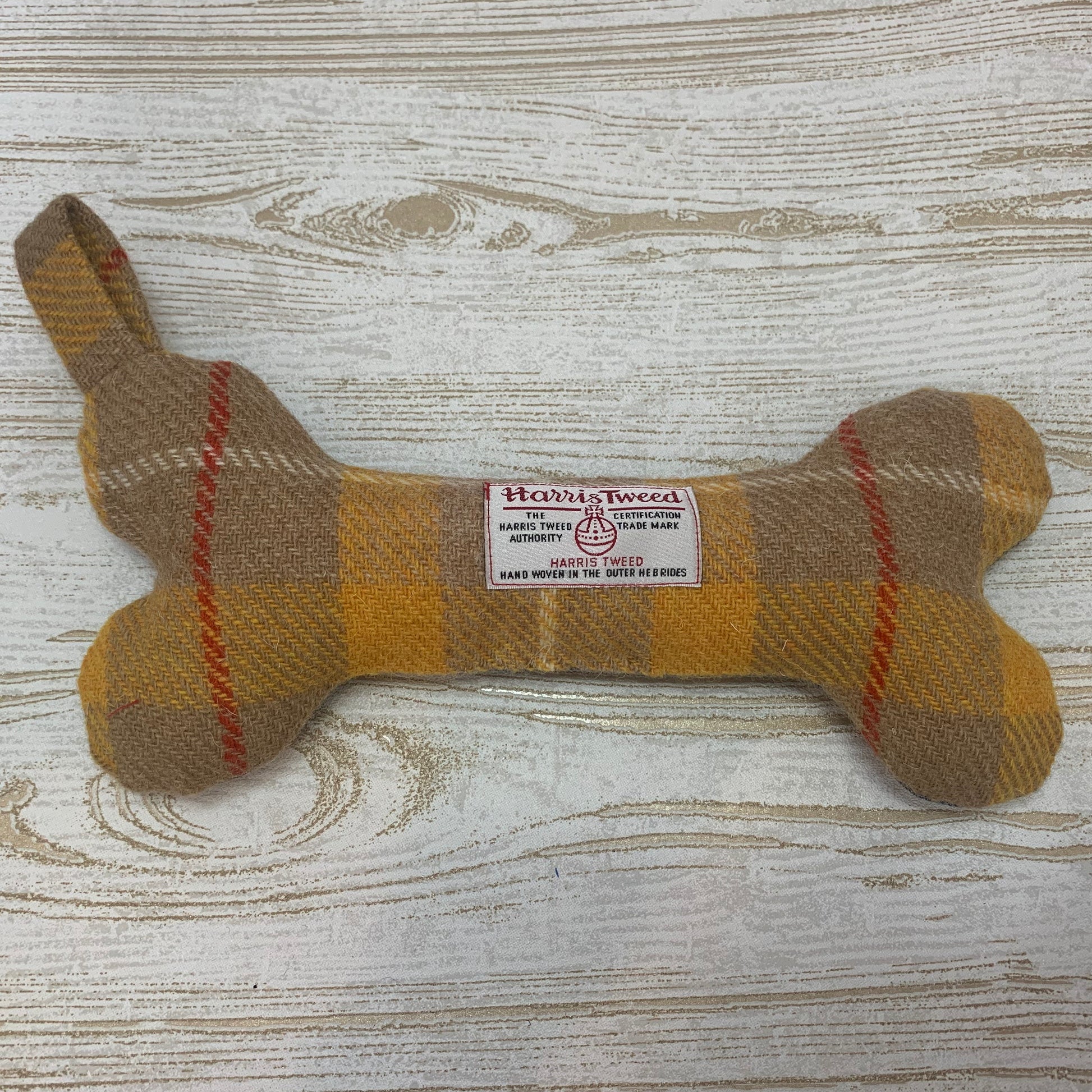 (Urquhart) Bowzos Harris Tweed Squeaky Bone Toy - Mustard - BOWZOS