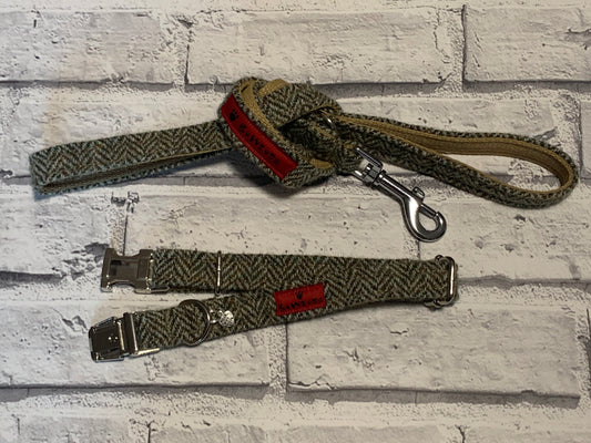 (Beige Herringbone) Harris Tweed® Dog Collar & Lead Set - Beige