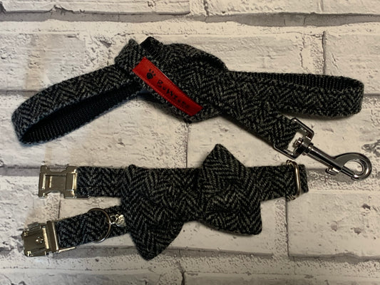 (Charcoal Herringbone) Harris Tweed® Bow Tie Dog Collar & Lead Set - Charcoal