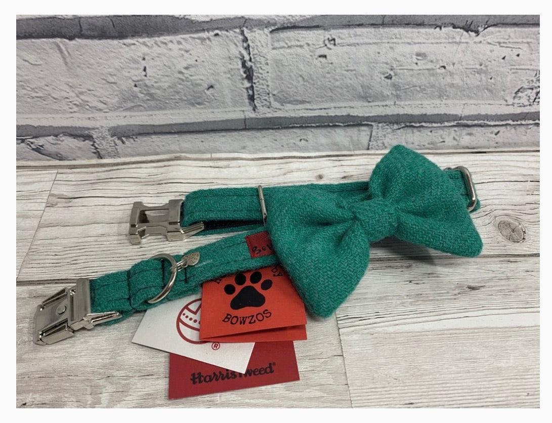 (Dalmahoy) Harris Tweed Bow Tie Dog Collar & Lead Set - Jade - BOWZOS
