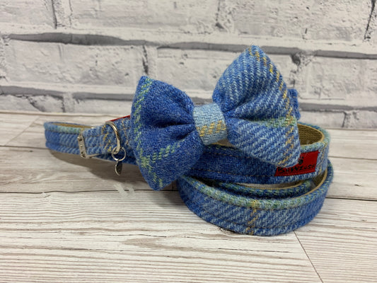 (Edinburgh) Harris Tweed Bow Tie Dog Collar & Lead Set - Baby Blue Check - BOWZOS