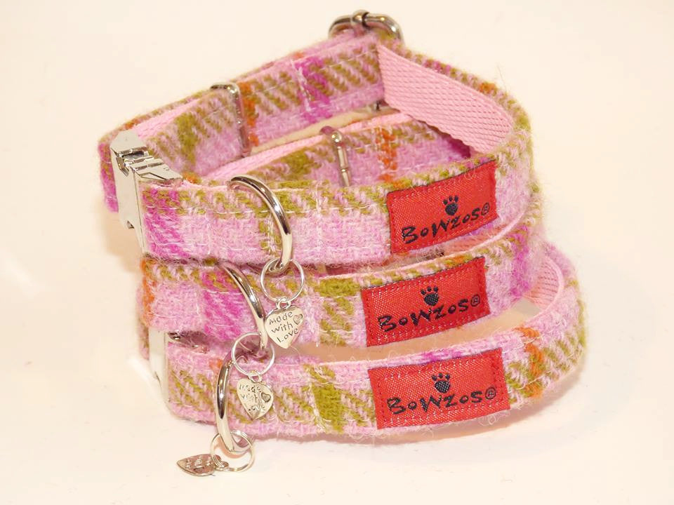 (Isla) Harris Tweed Dog Collar  - Baby Pink Check - BOWZOS