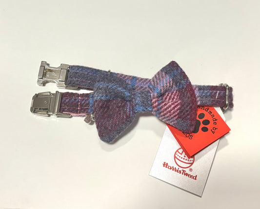 (Maree) Harris Tweed® Bow Tie Dog Collar - Pink, Blue, Lilac Check - BOWZOS