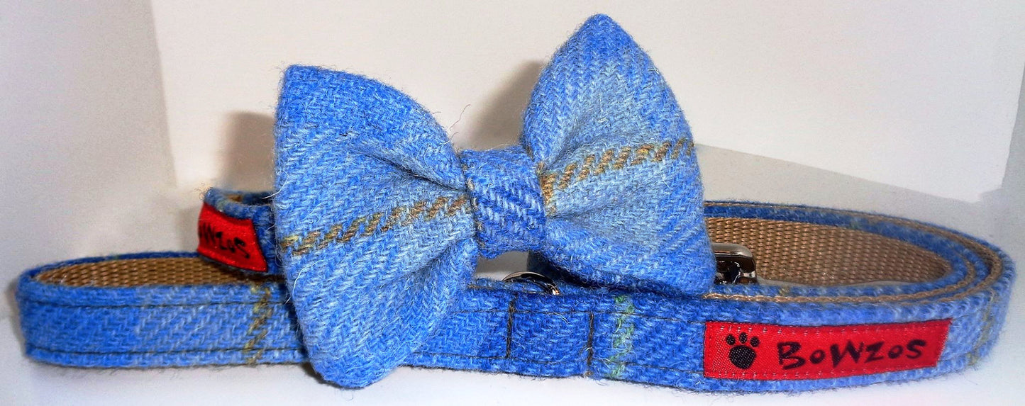 (Edinburgh) Harris Tweed Bow Tie Dog Collar & Lead Set - Baby Blue Check - BOWZOS