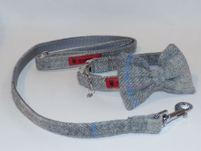 (Kyle) Harris Tweed Bow Tie Dog Collar & Lead Set - Baby Grey Check - BOWZOS