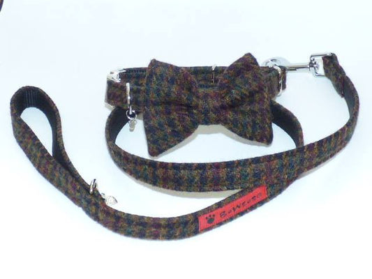 Harris Tweed Bow Tie Dog Collar & Lead Set - Bobby Dark Brown Houndstooth - BOWZOS