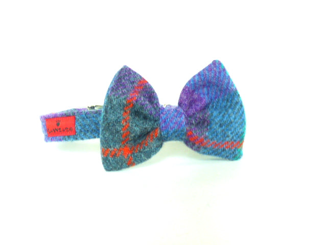 (Barra) Harris Tweed Bow Tie Dog Collar - Berry Blue Check - BOWZOS