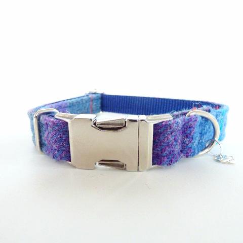 (Barra) Harris Tweed Dog Collar - Berry Blue Check - BOWZOS
