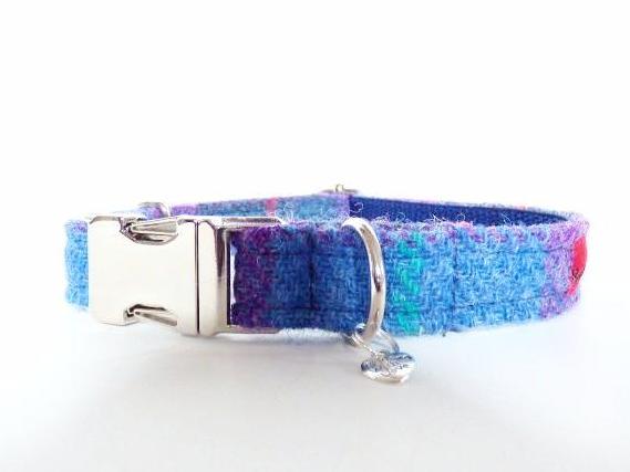 (Barra) Harris Tweed Dog Collar - Berry Blue Check - BOWZOS