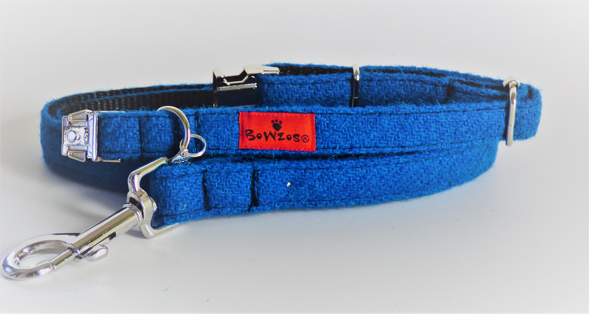 (Bonnie) Harris Tweed Flower Dog Collar & Lead Set - Blue - BOWZOS