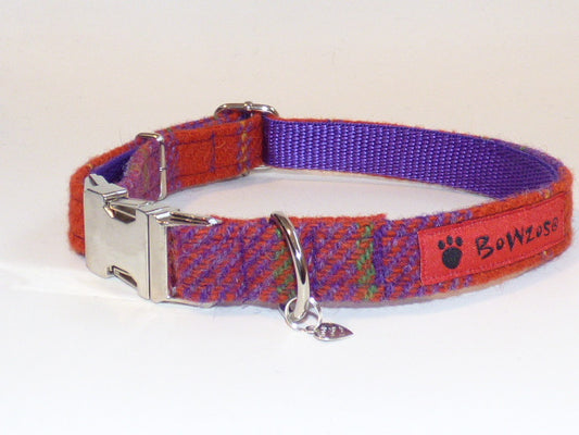 (Dunoon) Harris Tweed Dog Collar - Red/Purple Check - BOWZOS