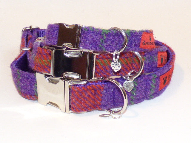 (Dunoon) Harris Tweed Dog Collar - Red/Purple Check - BOWZOS