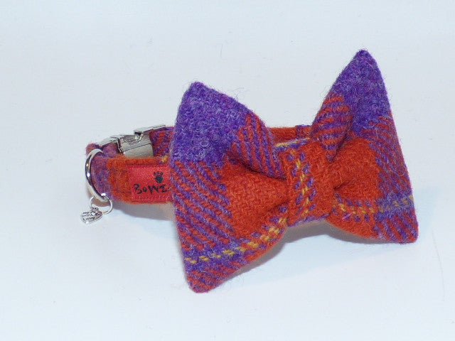 (Dunoon) Harris Tweed Bow Tie Dog Collar & Lead Set - Red/Purple Check - BOWZOS