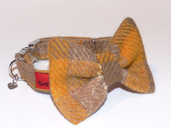 (Urquhart) Harris Tweed Bow Tie Dog Collar - Mustard & Beige Check - BOWZOS