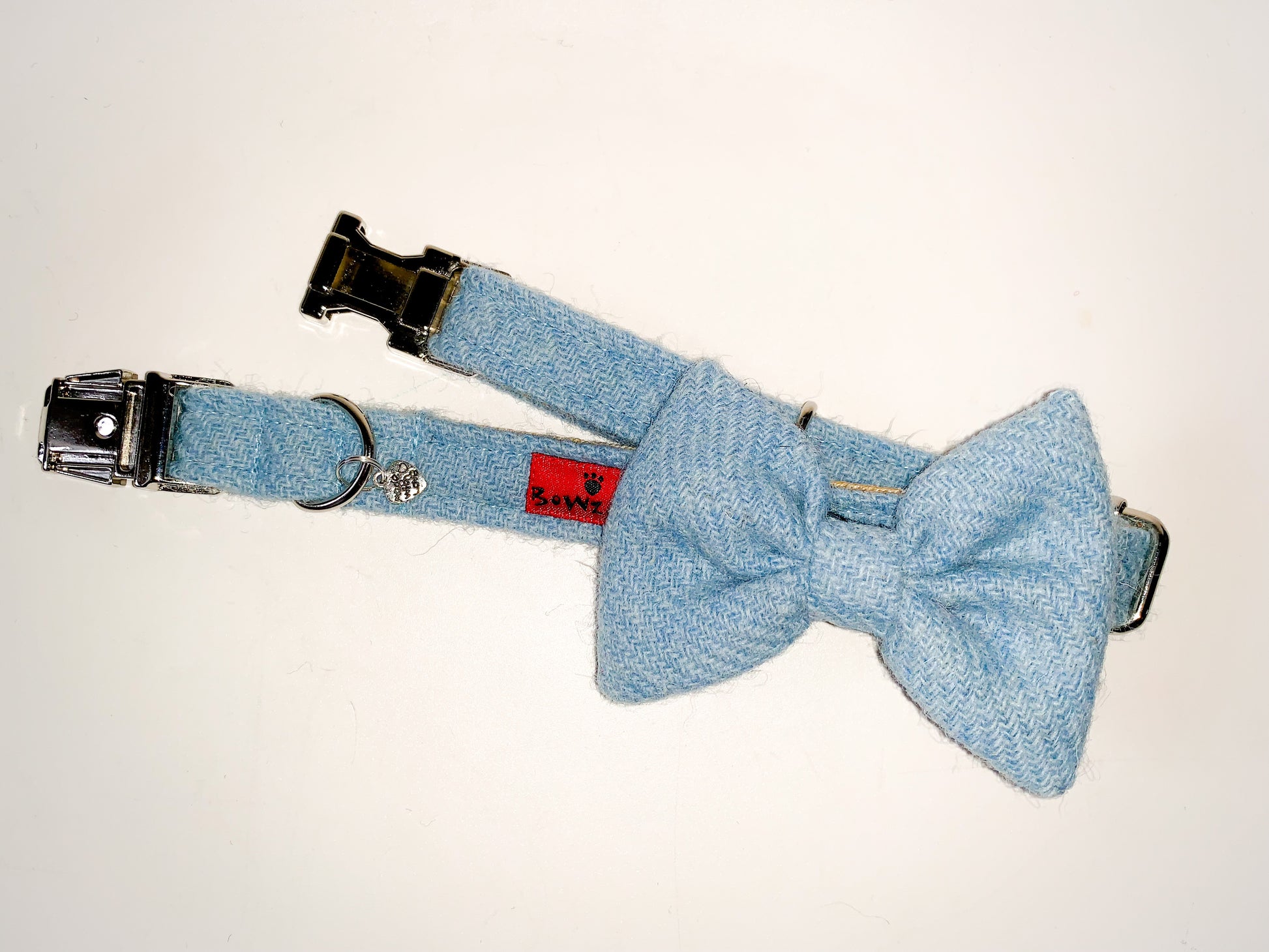(Frederick) Harris Tweed Bow Tie Dog Collar - Baby Blue - BOWZOS
