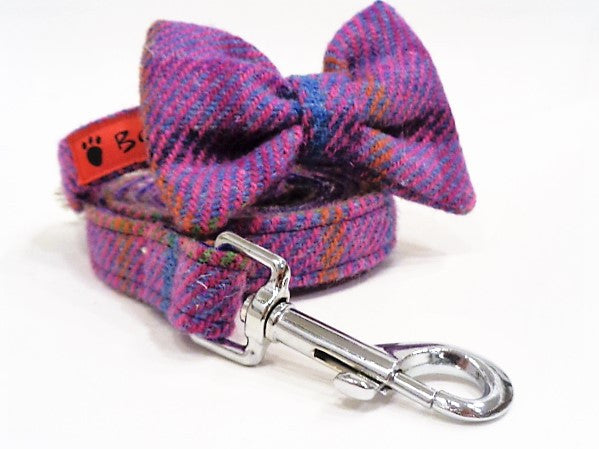 (Jura) Harris Tweed Bow Tie  Dog Collar & Lead Set - Purple Check - BOWZOS