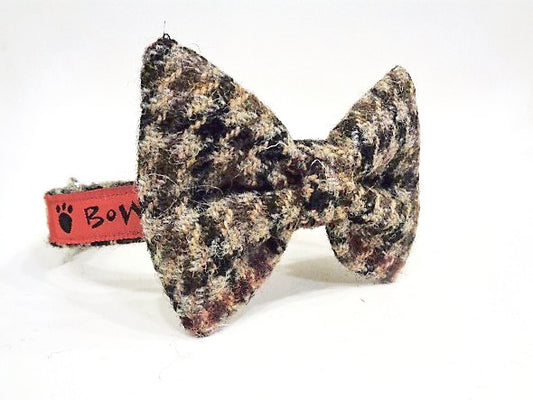 Harris Tweed Bow Tie Dog Collar - Brown Houndstooth - BOWZOS