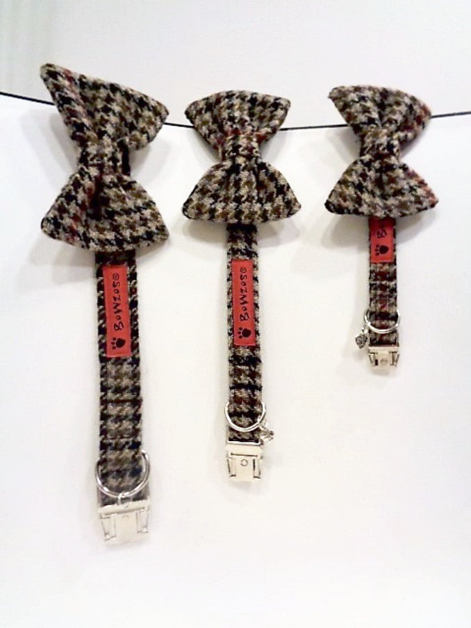Harris Tweed Bow Tie Dog Collar - Brown Houndstooth - BOWZOS