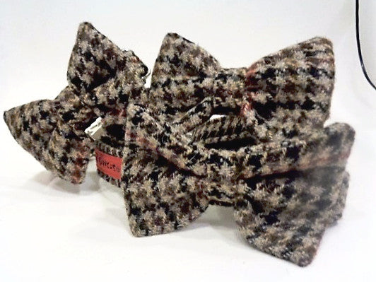 Harris Tweed Bow Tie Dog Collar - Brown Houndstooth - BOWZOS