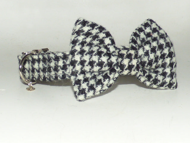 (Nessie) Houndstooth Harris Tweed Bow Tie Dog Collar - BOWZOS