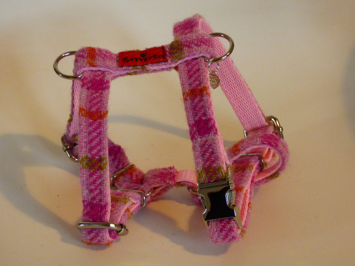 (Isla) Harris Tweed Harness - Baby Pink Check - BOWZOS