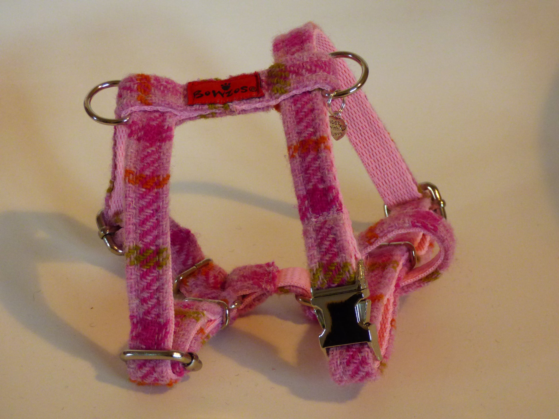 (Isla) Harris Tweed Harness - Baby Pink Check - BOWZOS