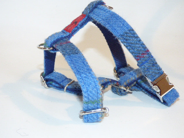 (Skye) Harris Tweed Harness - Blue/Grey Check - BOWZOS
