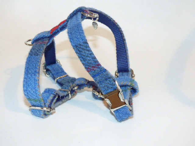 (Skye) Harris Tweed Harness - Blue/Grey Check - BOWZOS