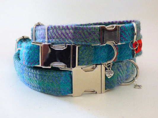 (Thistle) Harris Tweed Dog Collar -  Green Check - BOWZOS