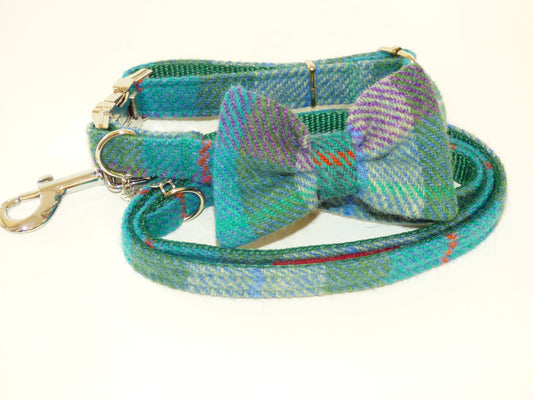 (Thistle) Harris Tweed Bow Tie Dog Collar & Lead Set - Green Check - BOWZOS