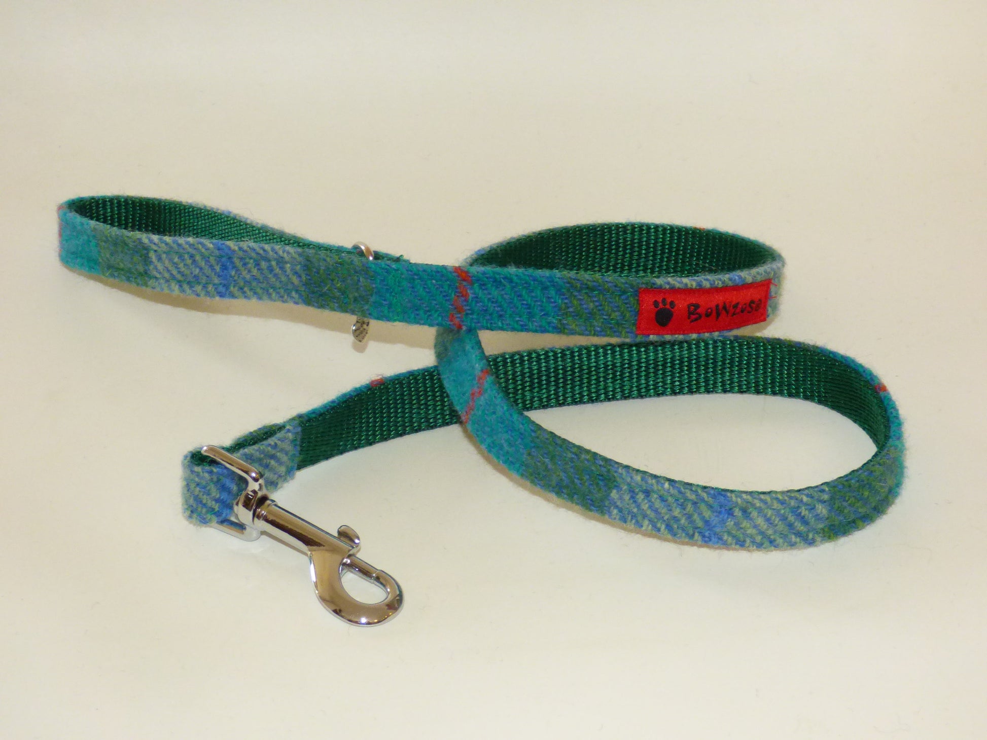 (Thistle) Harris Tweed Bow Tie Dog Collar & Lead Set - Green Check - BOWZOS