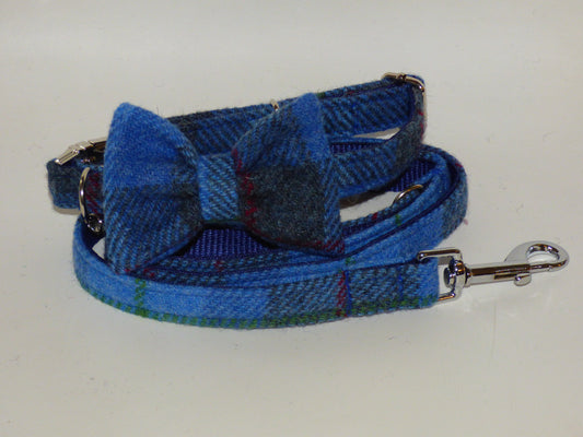 (Skye) Harris Tweed Bow Tie Dog Collar & Lead Set - Blue/Grey Check - BOWZOS