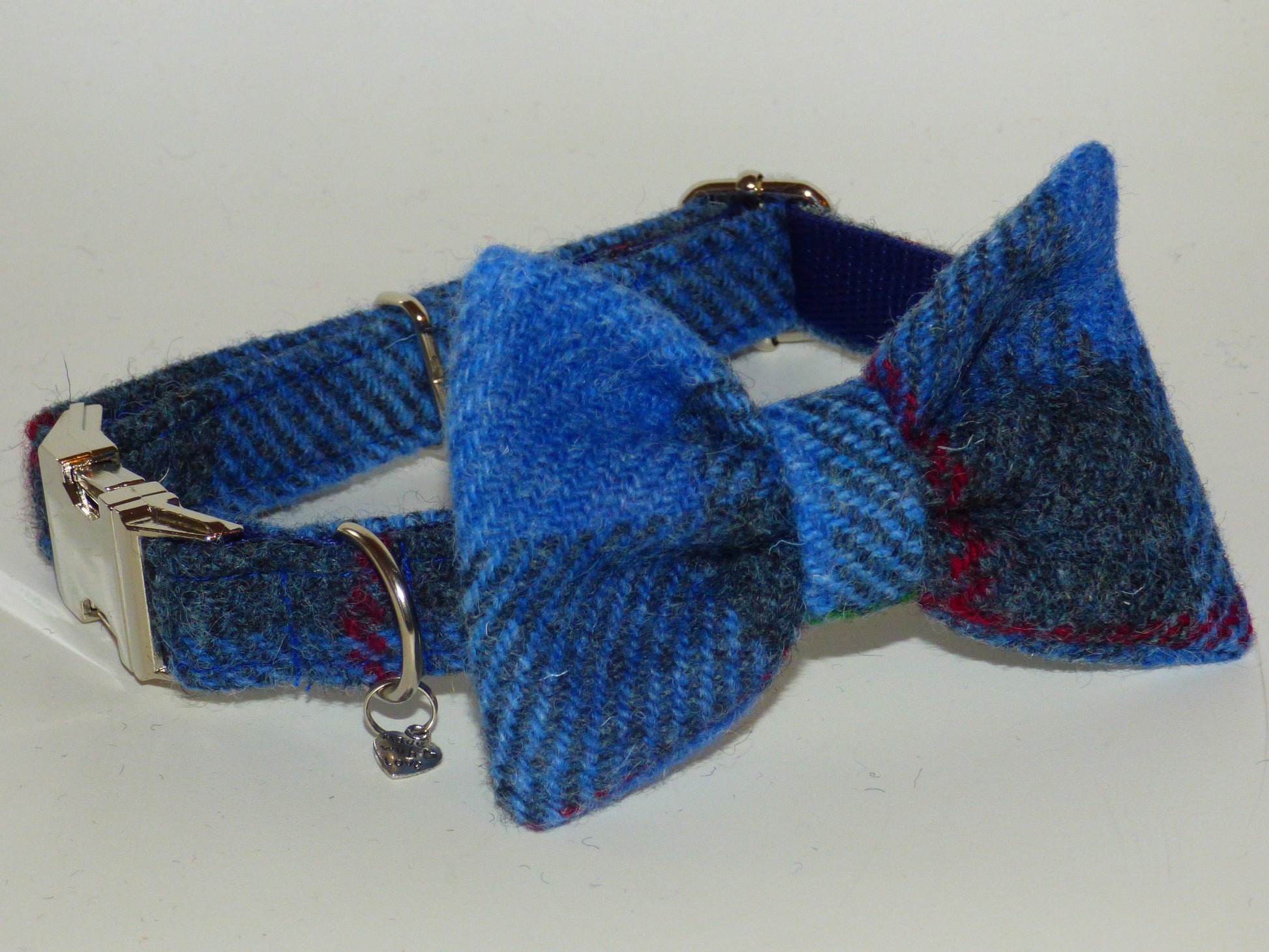 (Skye) Harris Tweed Bow Tie Dog Collar & Lead Set - Blue/Grey Check - BOWZOS