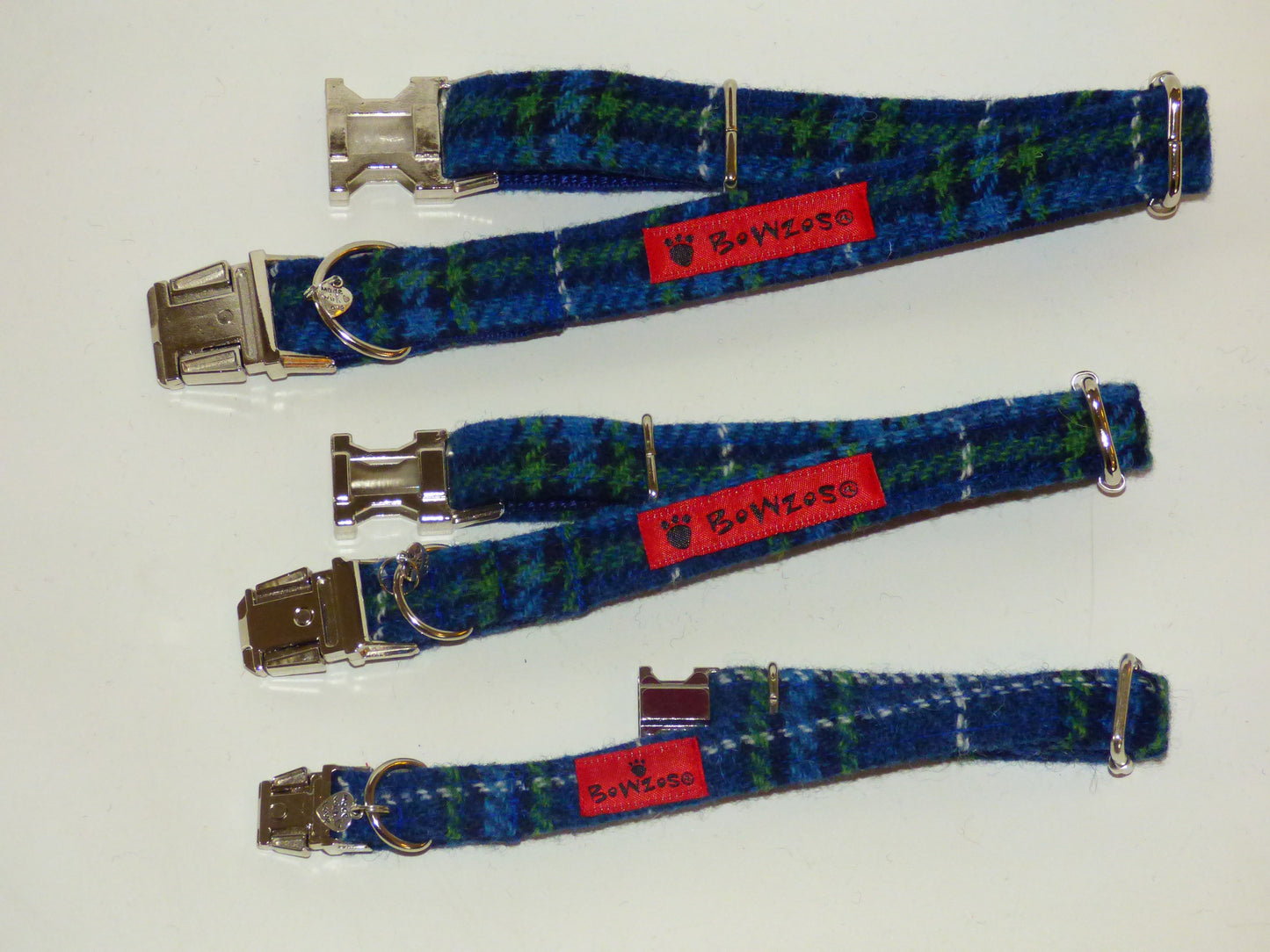 (St Andrews) Harris Tweed Bow Tie Dog Collar & Lead Set - Blue & White Check - BOWZOS