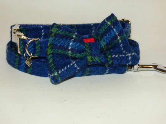 (St Andrews) Harris Tweed Bow Tie Dog Collar & Lead Set - Blue & White Check - BOWZOS