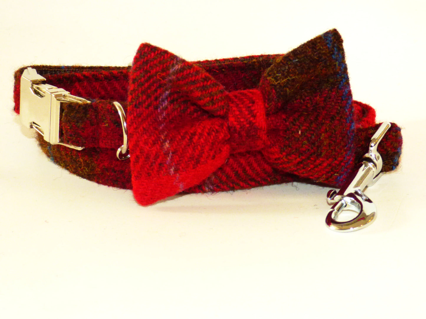 (Blair) Harris Tweed Bow Tie Dog Collar & Lead Set - Dark Red Check - BOWZOS