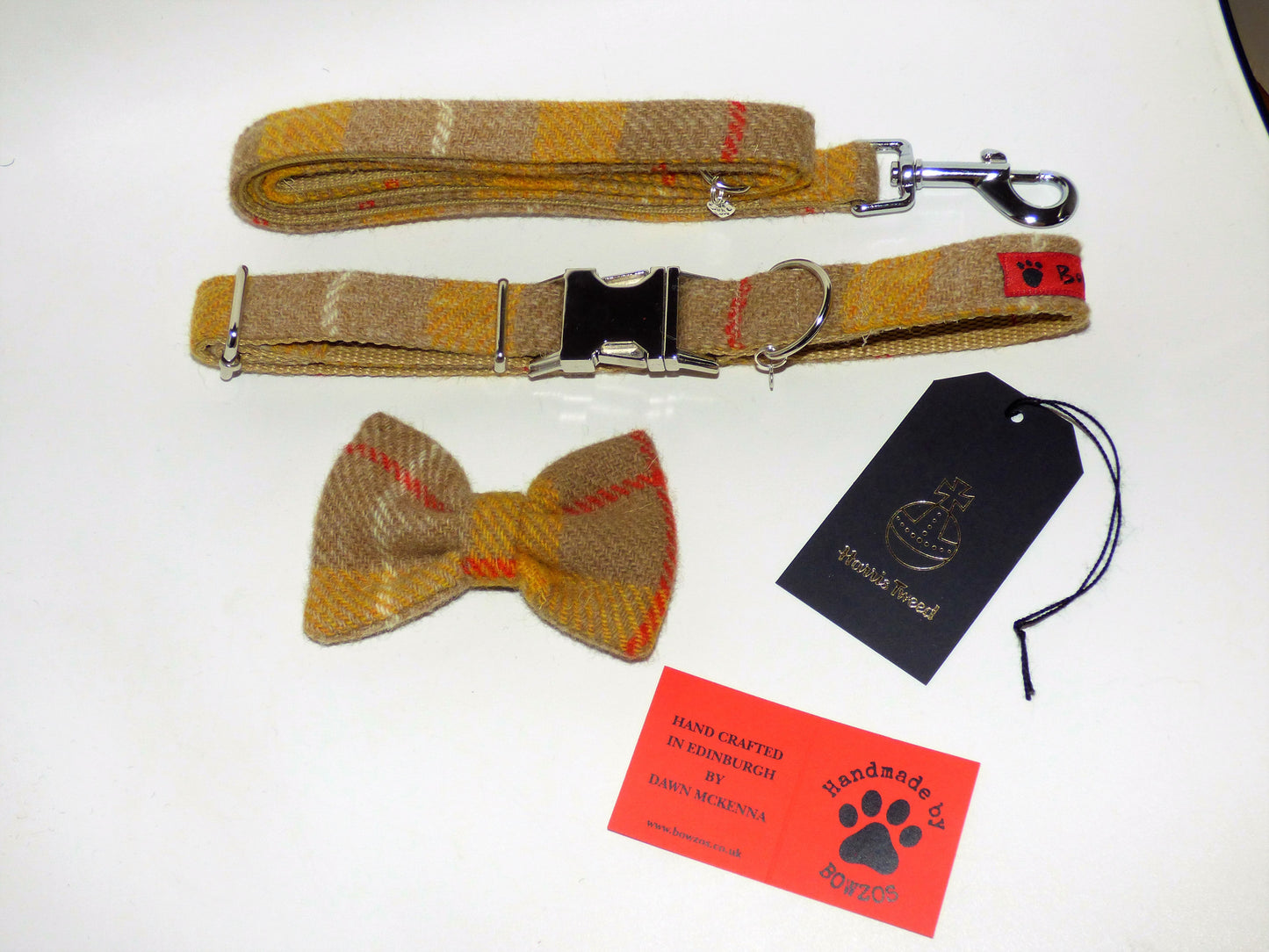 (Urquhart) Harris Tweed Bow Tie Dog Collar & Lead Set - Mustard & Beige Check - BOWZOS