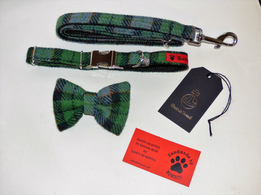 Harris Tweed Bow Tie Dog Collar & Lead Set - Grass Green Check - BOWZOS