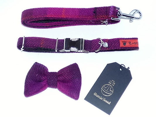 (Mull) Harris Tweed Bow Tie Dog Collar & Lead Set - Fuschia Purple Check - BOWZOS