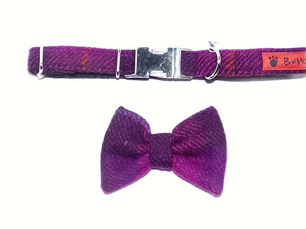 (Mull) Harris Tweed Bow Tie Dog Collar & Lead Set - Fuschia Purple Check - BOWZOS