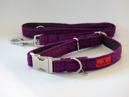 (Caledonian) Harris Tweed Dog Collar & Lead Set - Dark Purple - BOWZOS