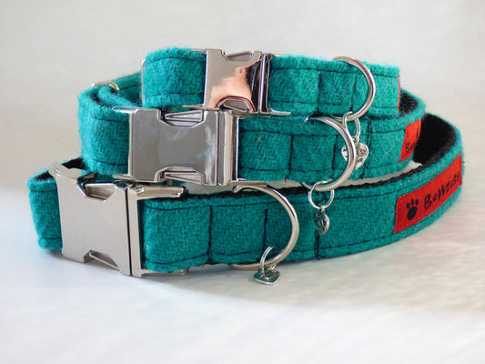 (Dalmahoy) Harris Tweed Dog Collar - Jade - BOWZOS