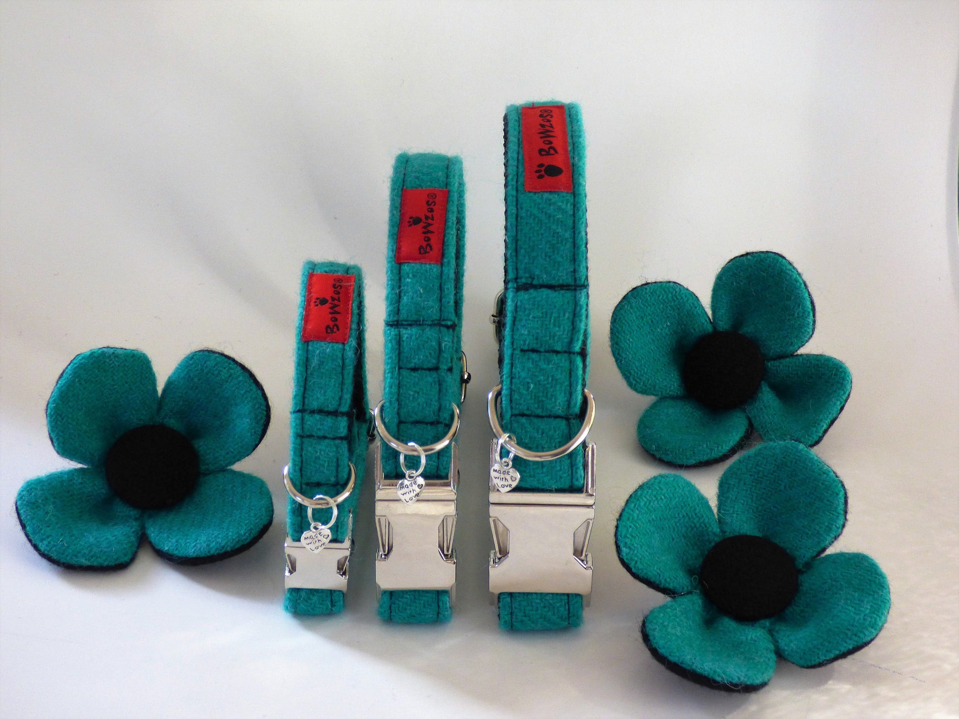 (Dalmahoy) Harris Tweed Flower Dog Collar & Lead Set - Jade - BOWZOS