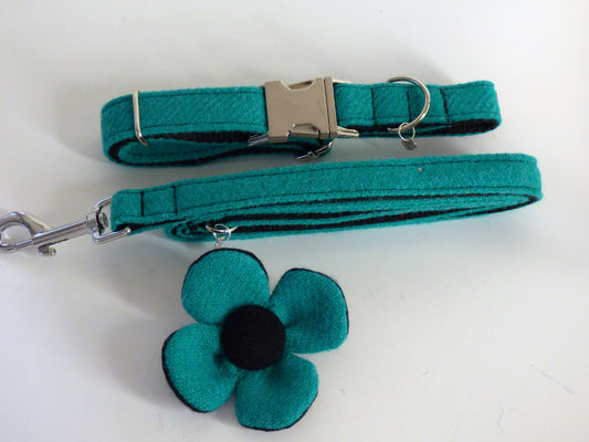 (Dalmahoy) Harris Tweed Flower Dog Collar & Lead Set - Jade - BOWZOS