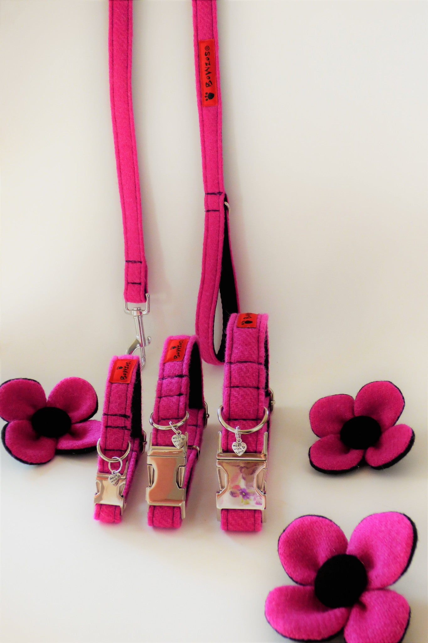 (Roxburghe) Harris Tweed Flower Dog Collar & Lead Set - Bubblegum Pink - BOWZOS