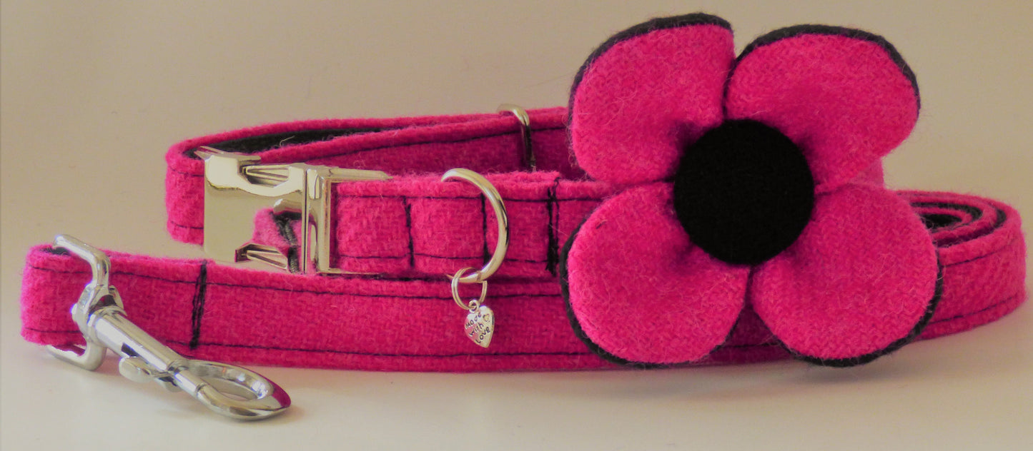 (Roxburghe) Harris Tweed Flower Dog Collar & Lead Set - Bubblegum Pink - BOWZOS