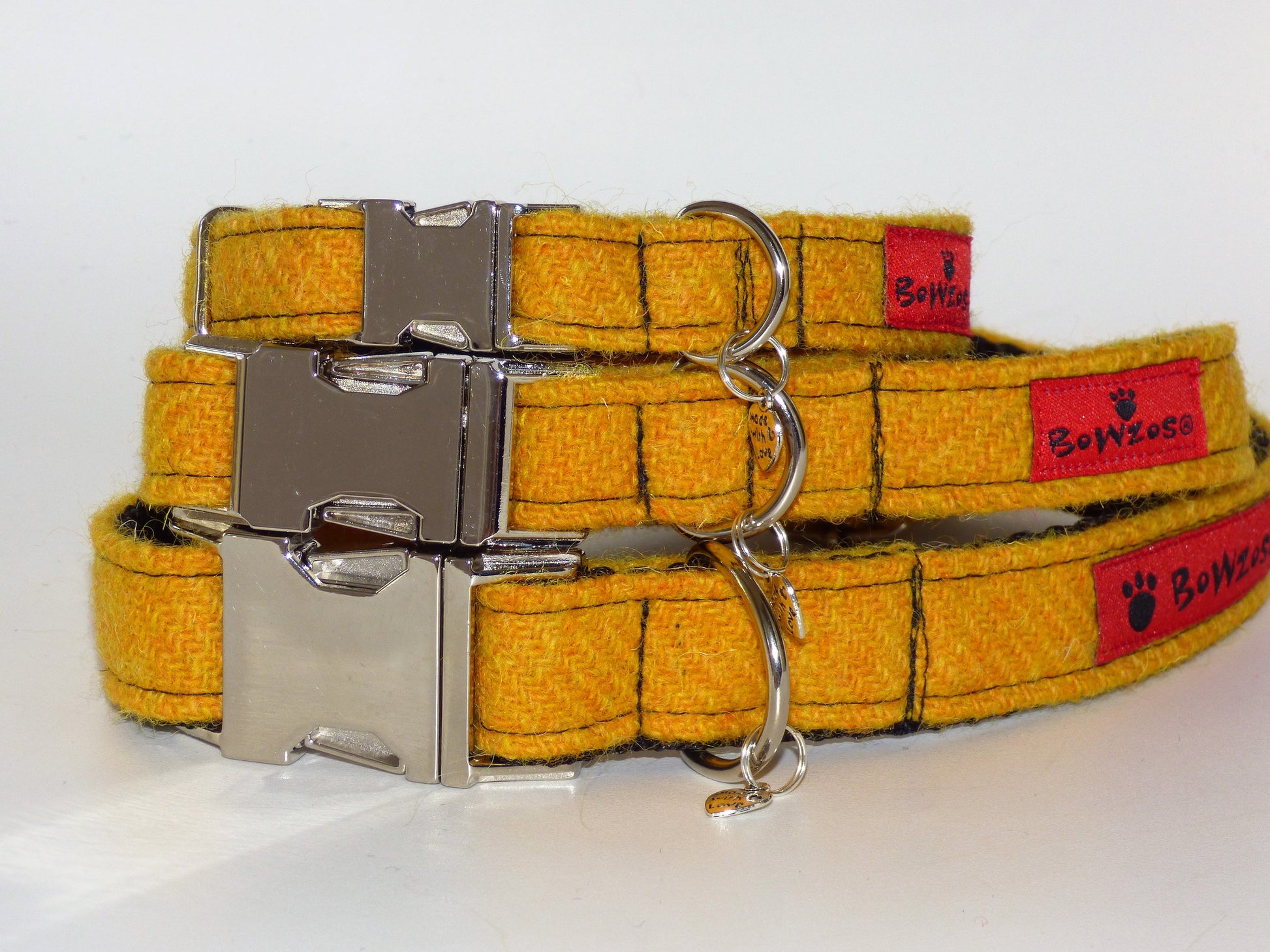 (Cairn) Harris Tweed Flower Dog Collar & Lead Set - Citrus Yellow - BOWZOS